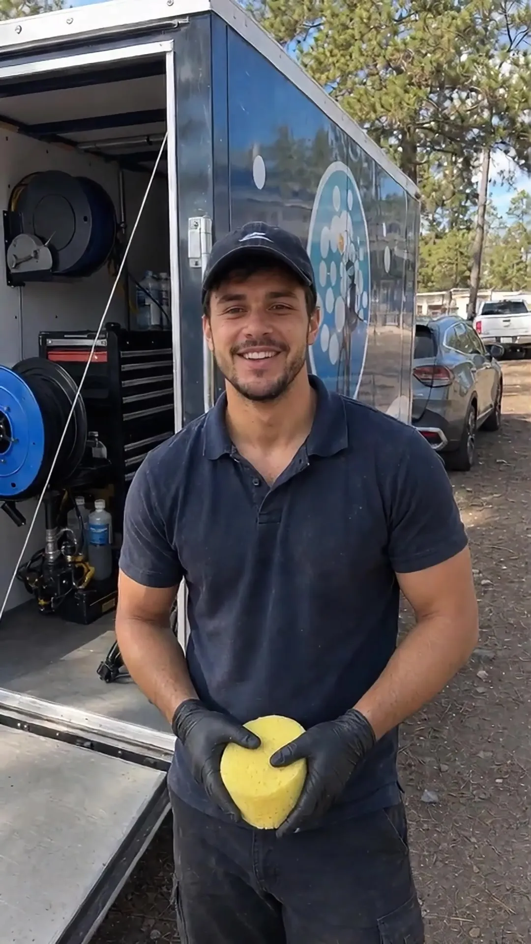 A detailer in a cap and gloves holding a yellow wash sponge in front of his open trailer.