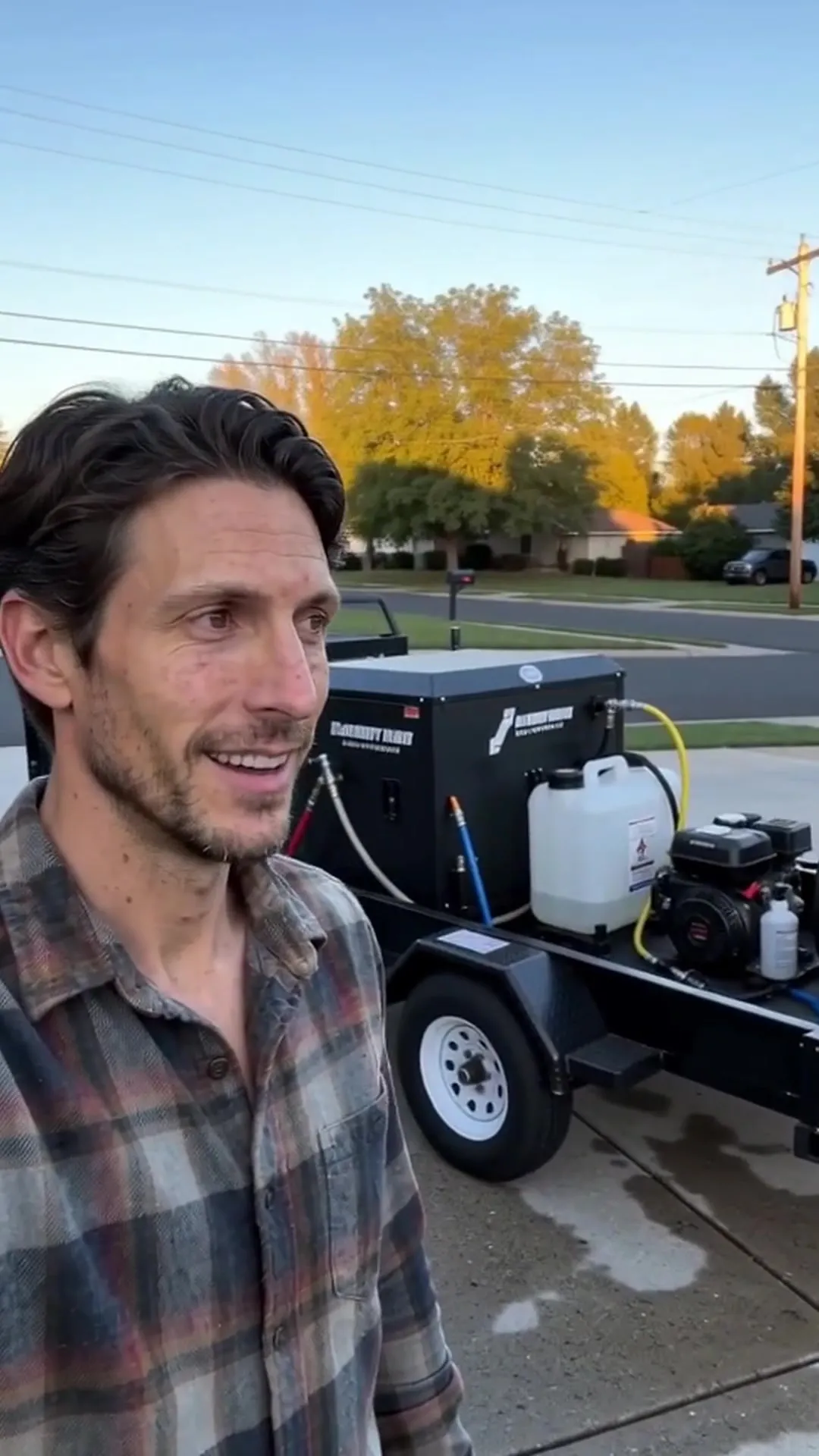 A detailer beside his trailer rig, pressure washer and water tank on board, parked on a driveway at dusk.